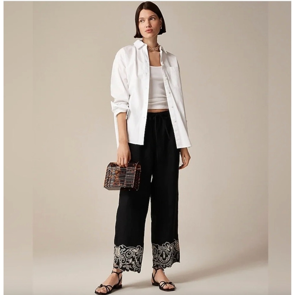 J.Crew Soleil Embroidered Linen Pants Black Wide Leg Vacation Coastal Resort S